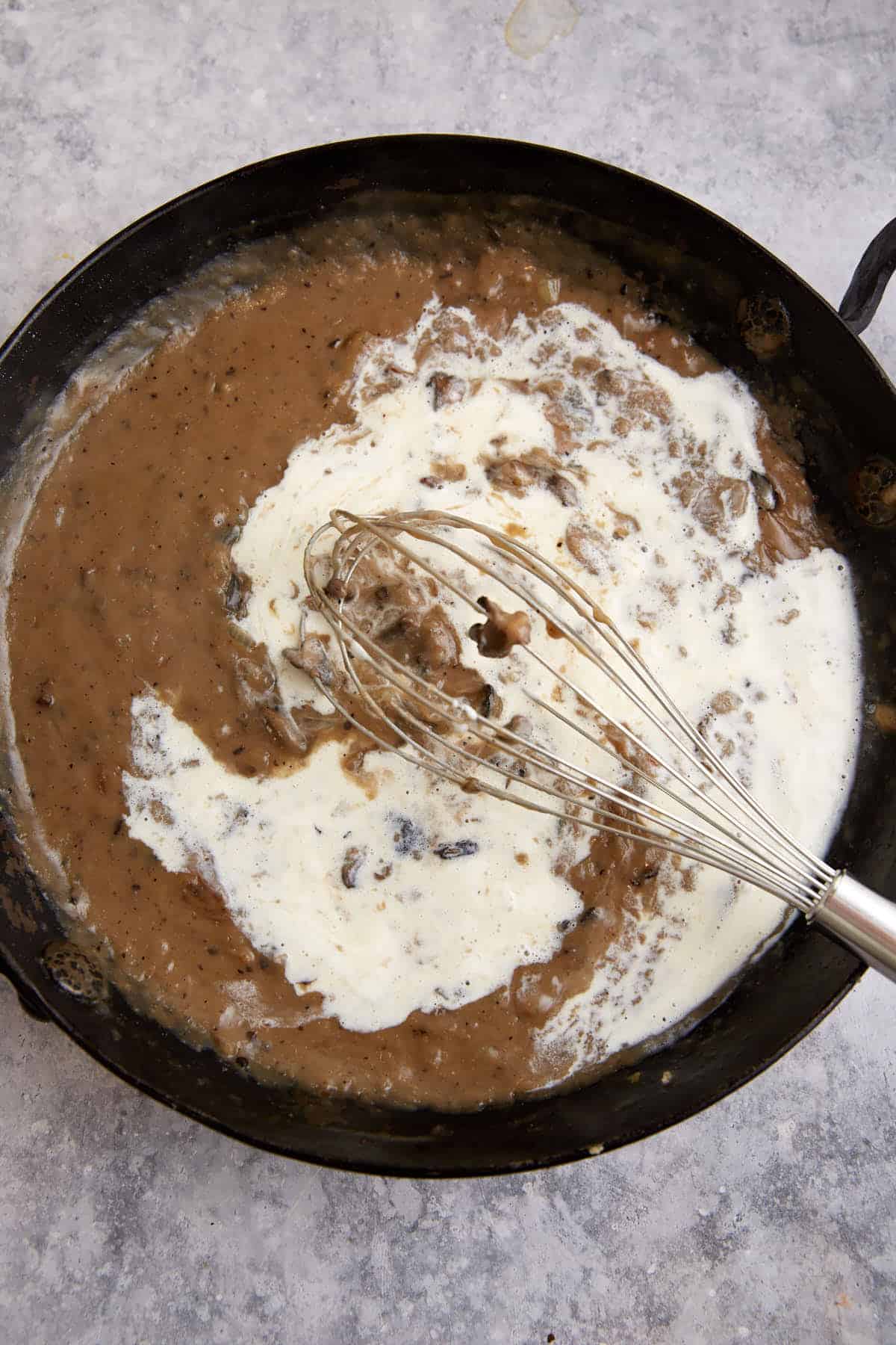 Cream added to a mushroom sauce.
