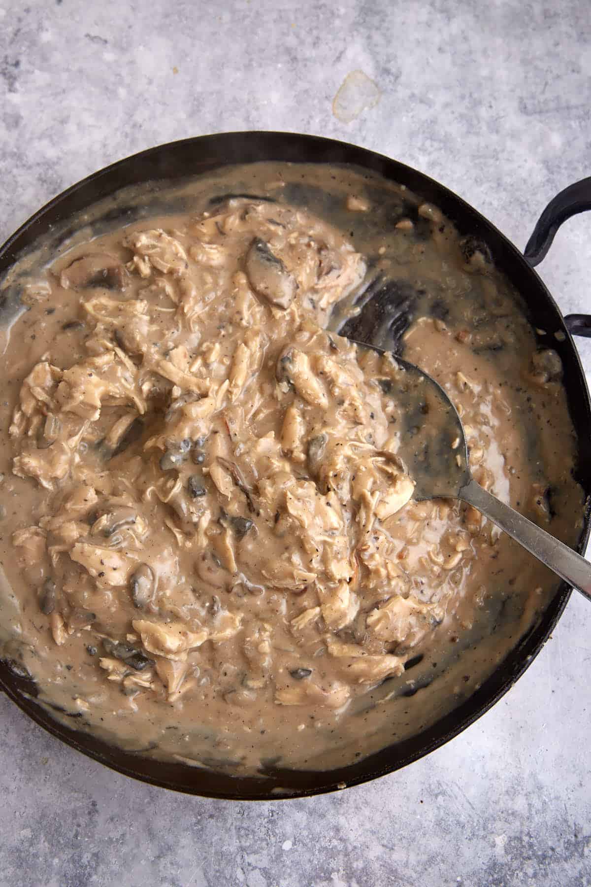 Cooked chicken added to the sauce in a sillet.