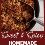 Granola being scooped out of a bowl.