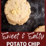 A stack of salty potato chip cookies on a black pan.