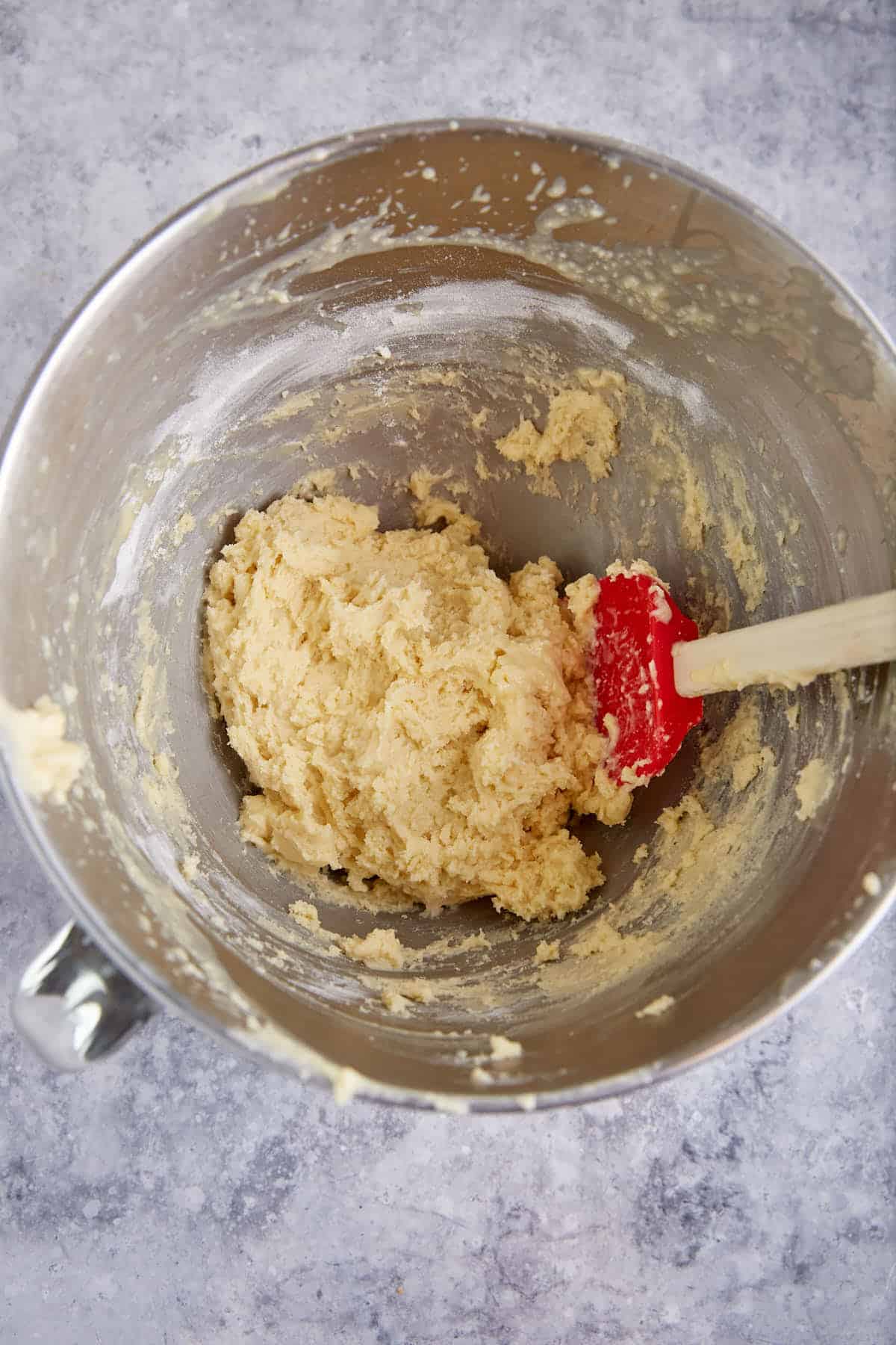 The cake batter in a mixing bowl.