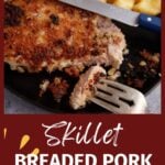 A bite being cut off a fried pork chop.