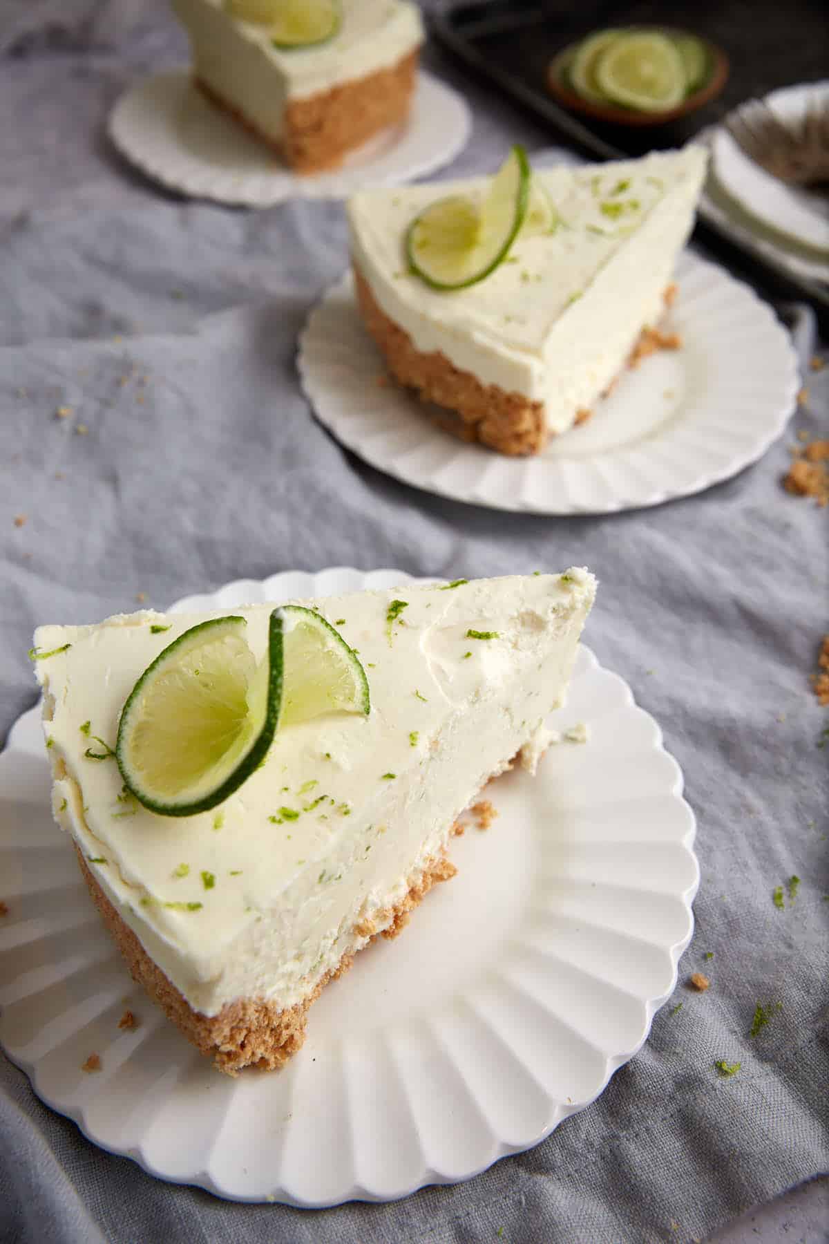 Three slices of key lime mousse pie.