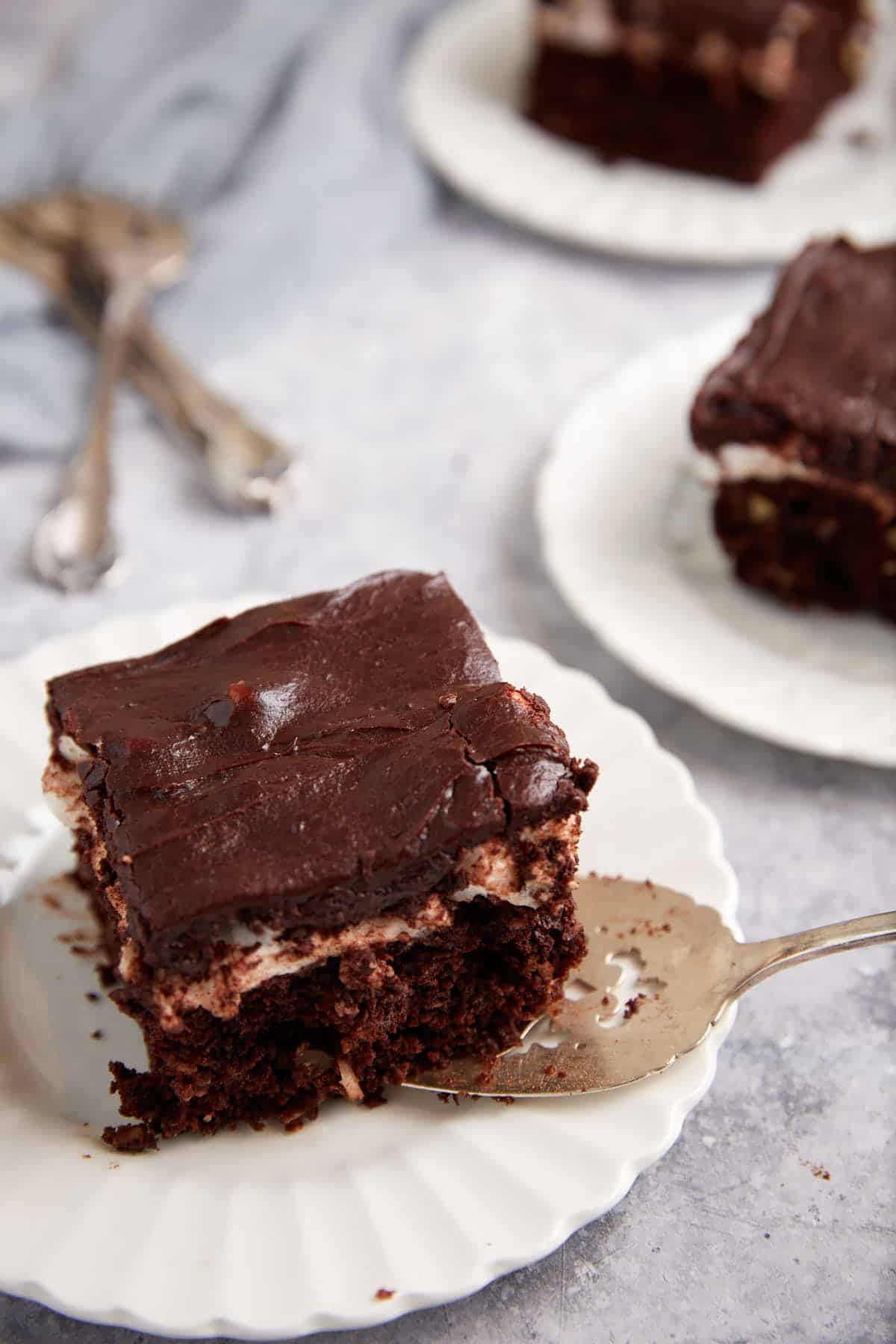 A piece of chocolate cake on a dessert plate.