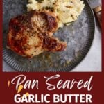 A pork chop on a plate with mashed potatoes.