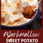 A sweet potato casserole with a serving spoon.