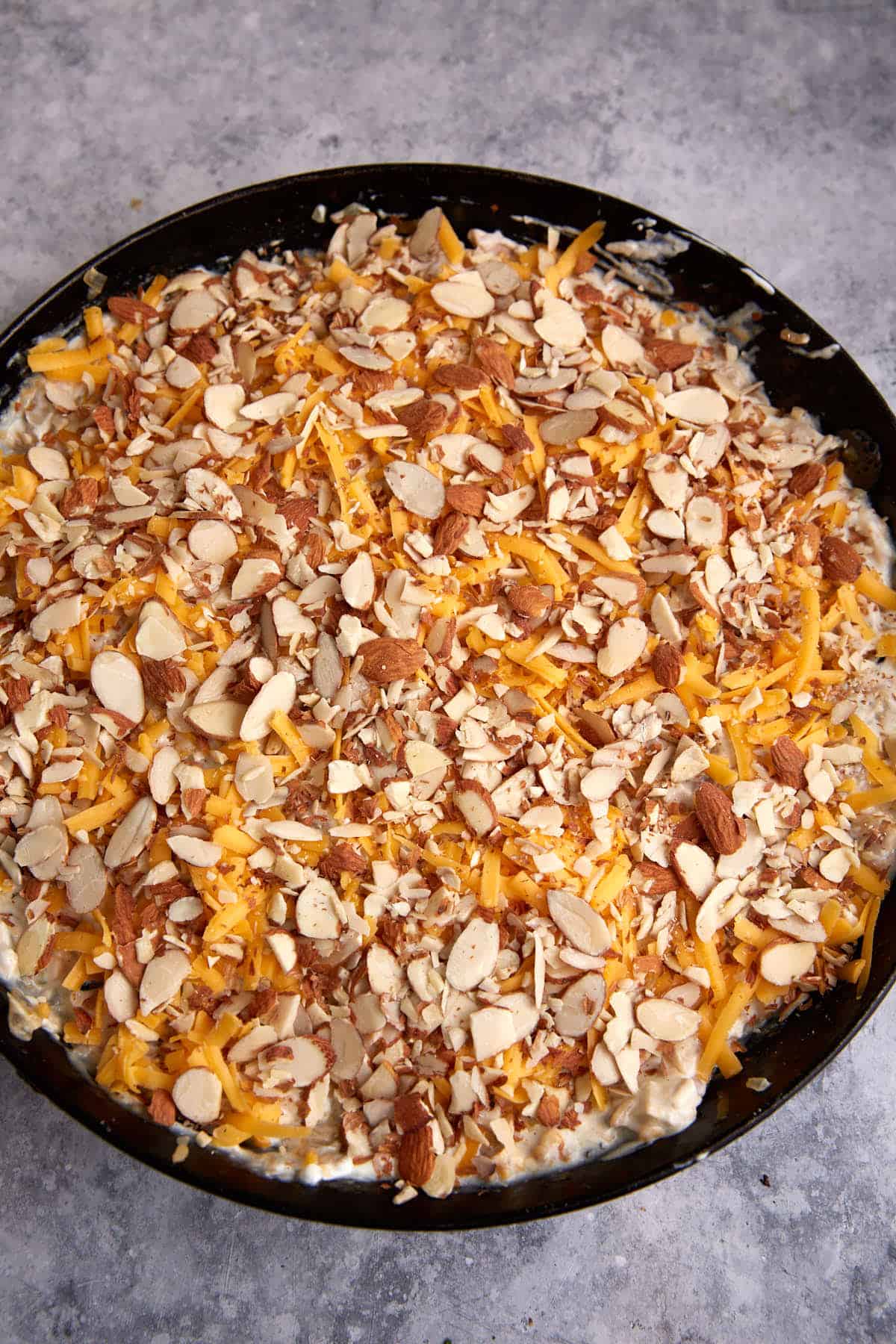 A chicken and wild rice casserole ready to go in the oven.