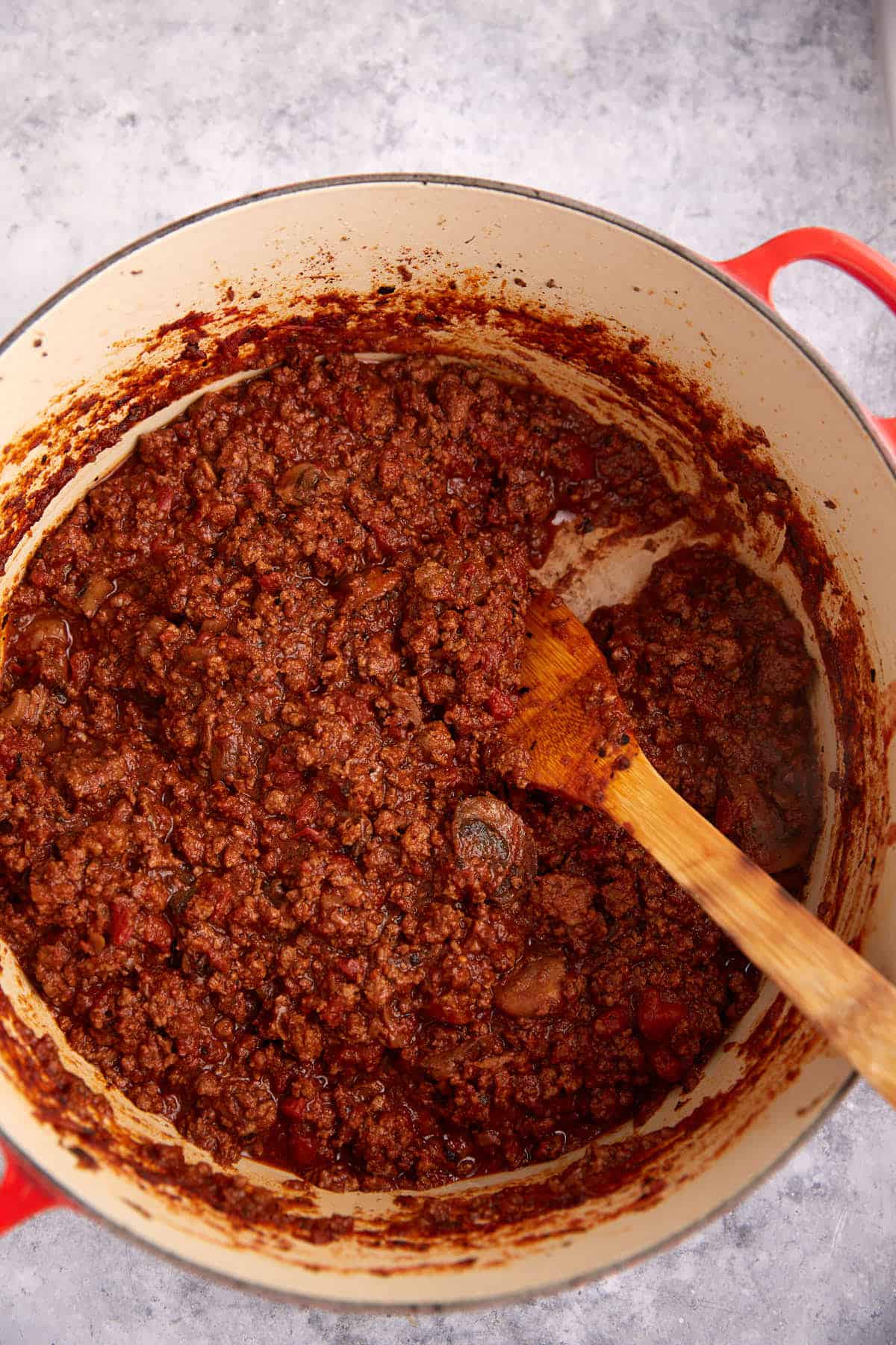 Chili that has thickened in a pot.