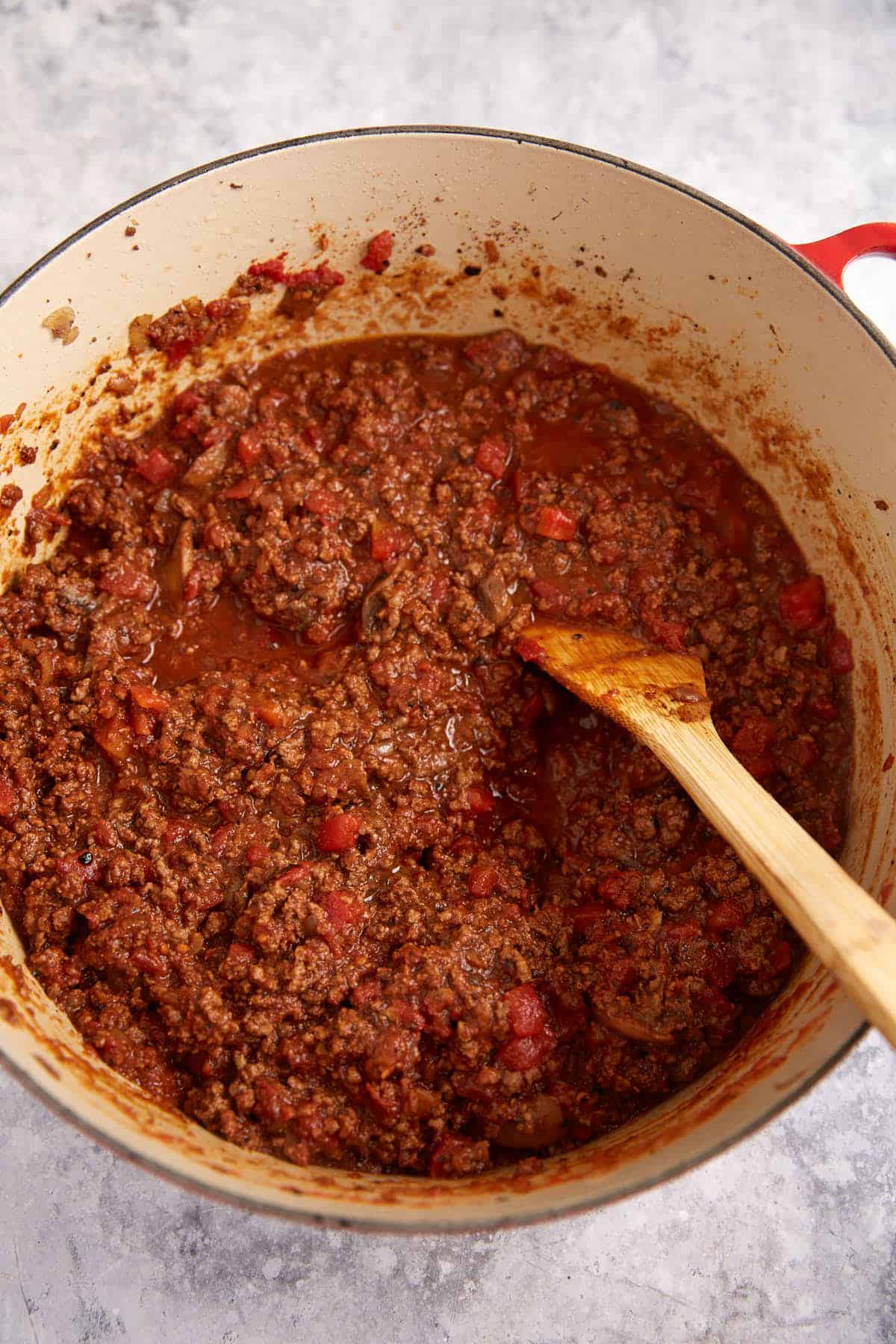 Chili in a pot before it has thickened.
