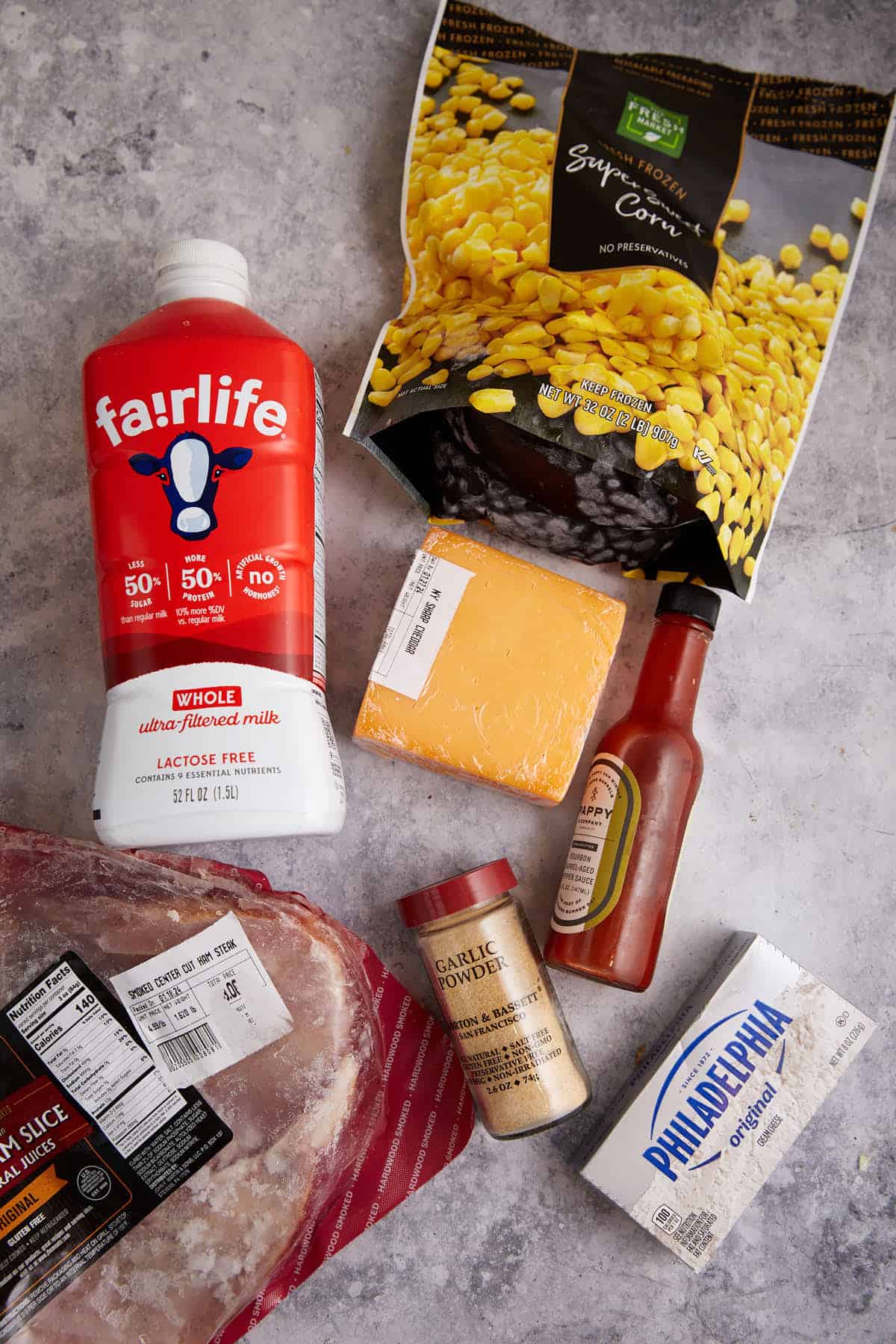 the ingredients for a corn and ham casserole.