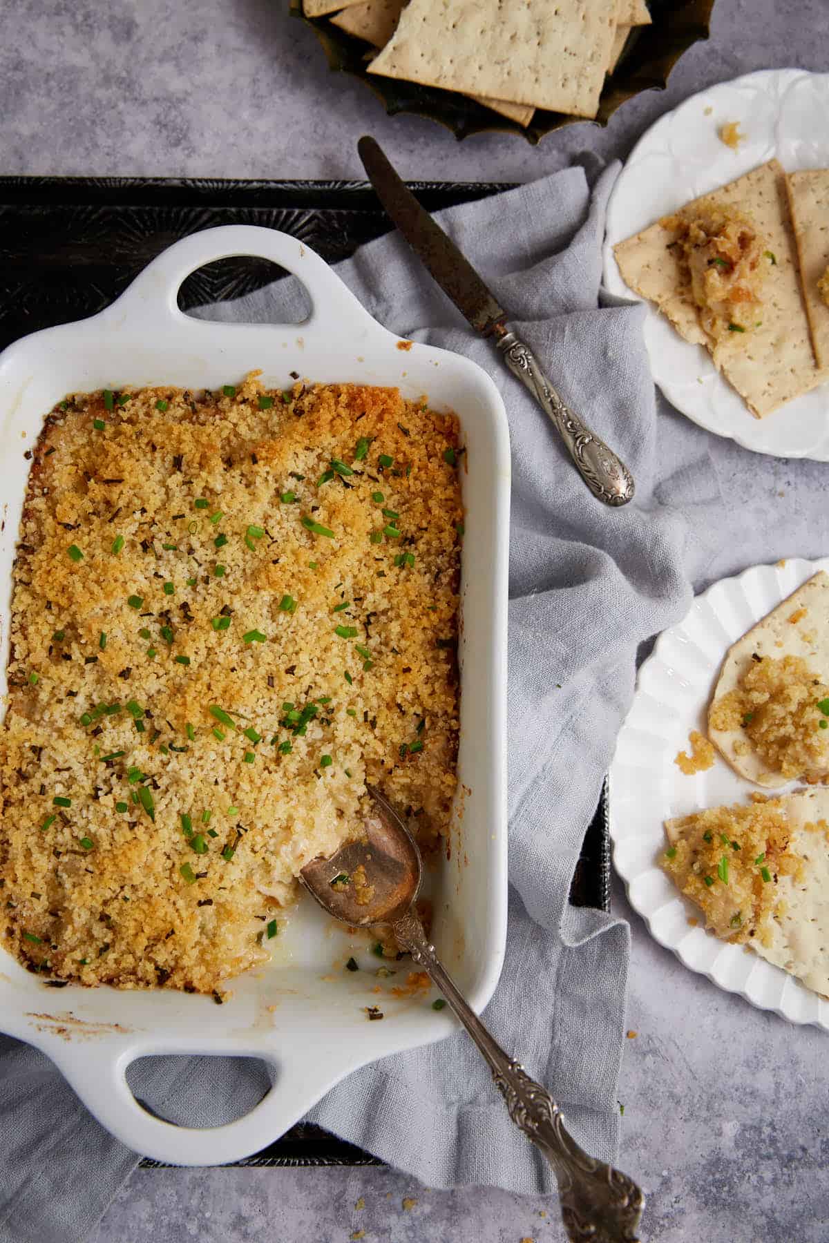 A casserole dish of hot crab dip.