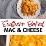 Plates of mac and cheese next to a casserole dish.