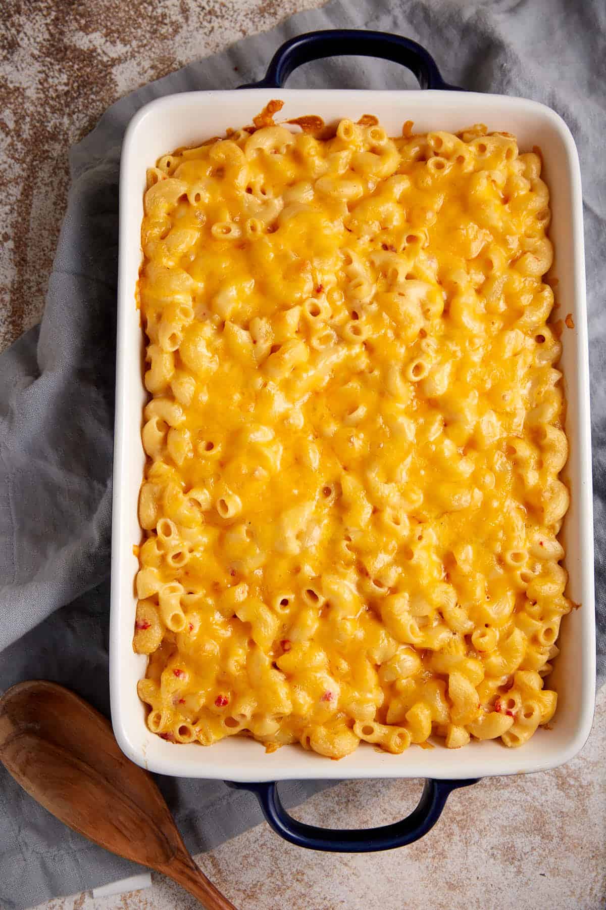 A baked mac and cheese casserole.