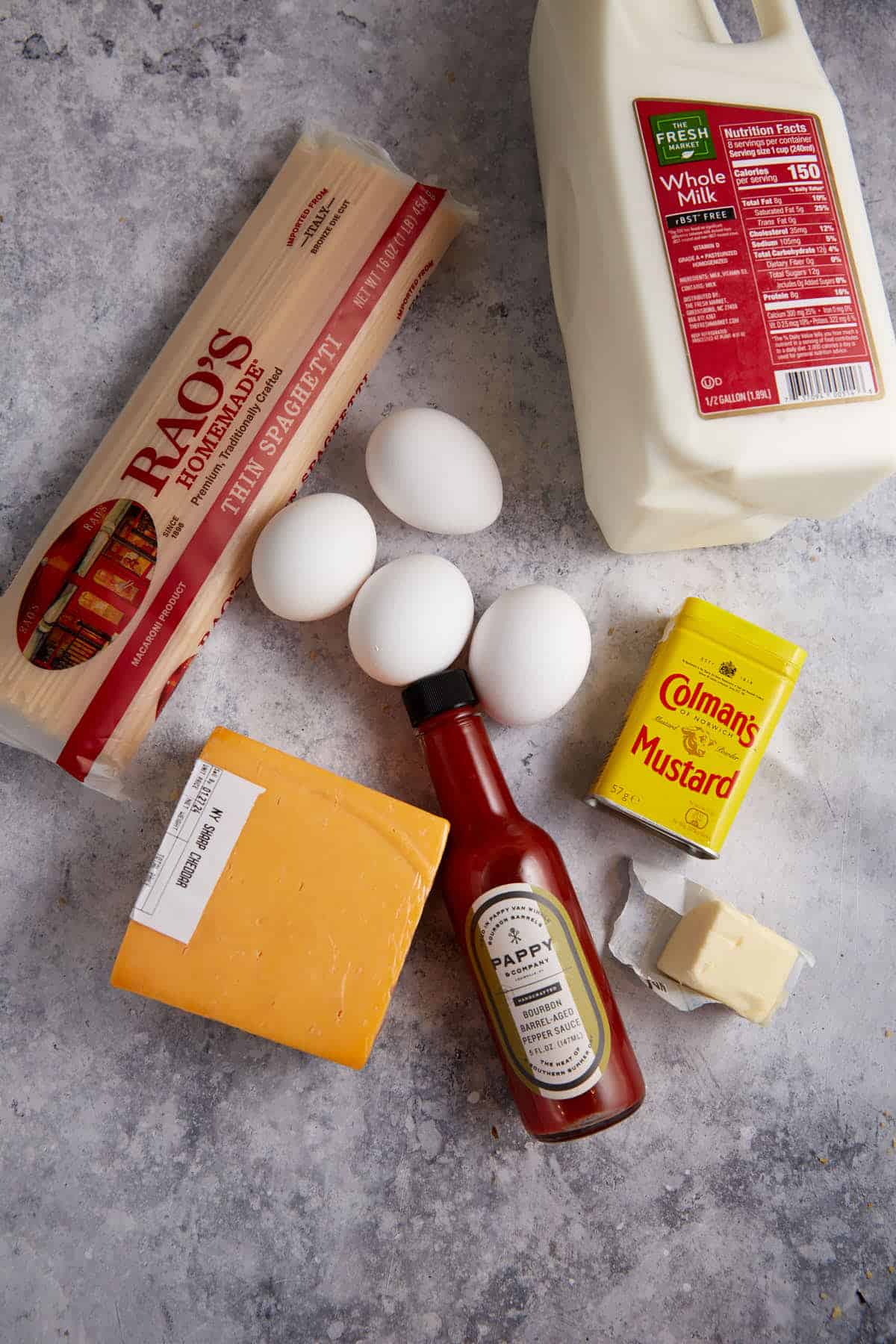 Ingredients to make a spaghetti pie.