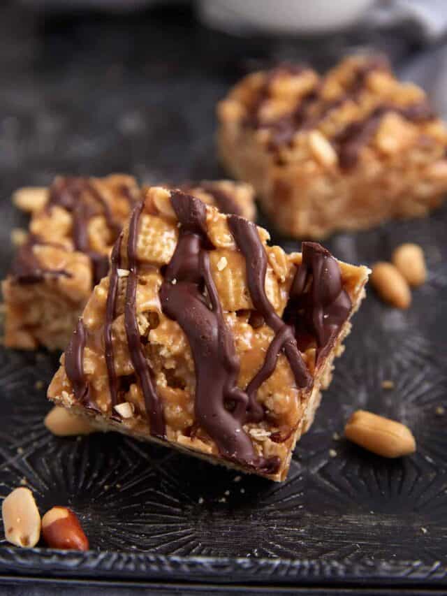Chocolate Peanut Butter Bars with Chex Cereal Butter & Baggage