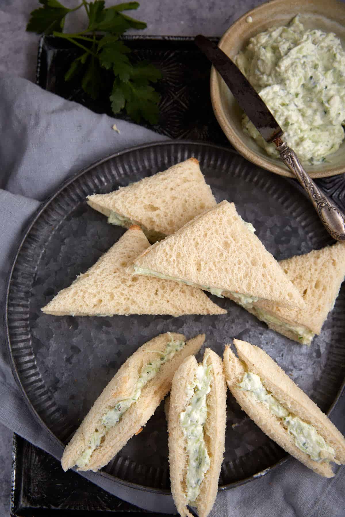 A try of cucumber sandwiches.
