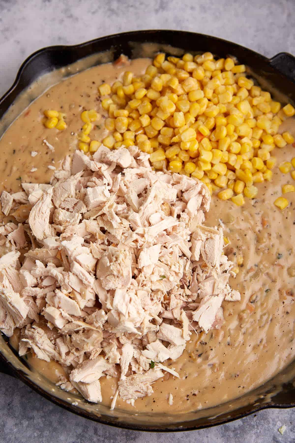 chicken and corn added to the filling.