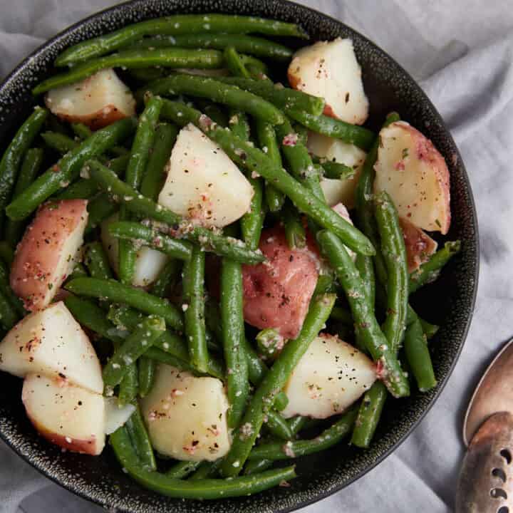 A platter of green bean salad with new potatoes.
