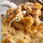 A baking dish of smoked sausage pasta.