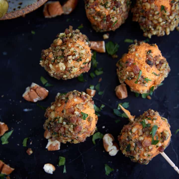 Pimento cheese balls on a serving tray.