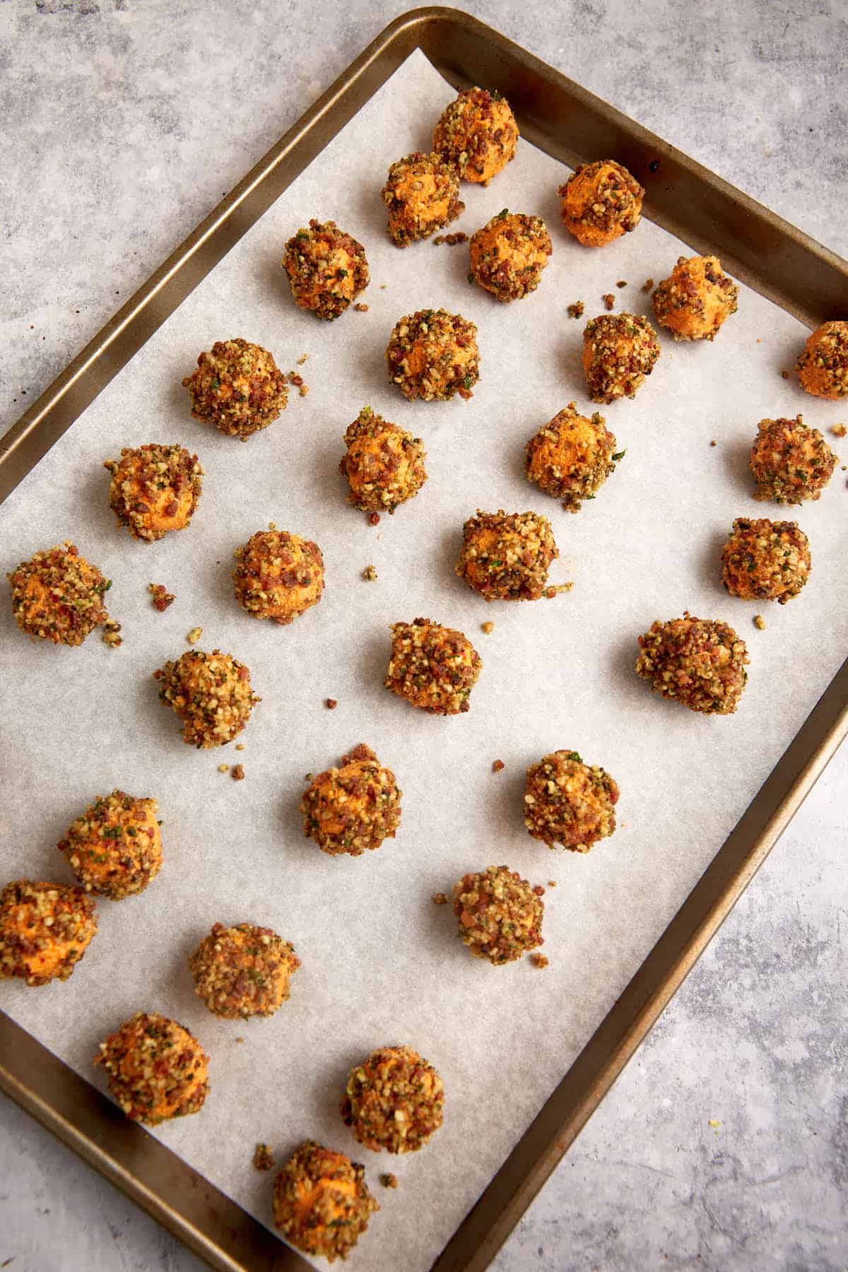 A tray of pimento cheese balls.