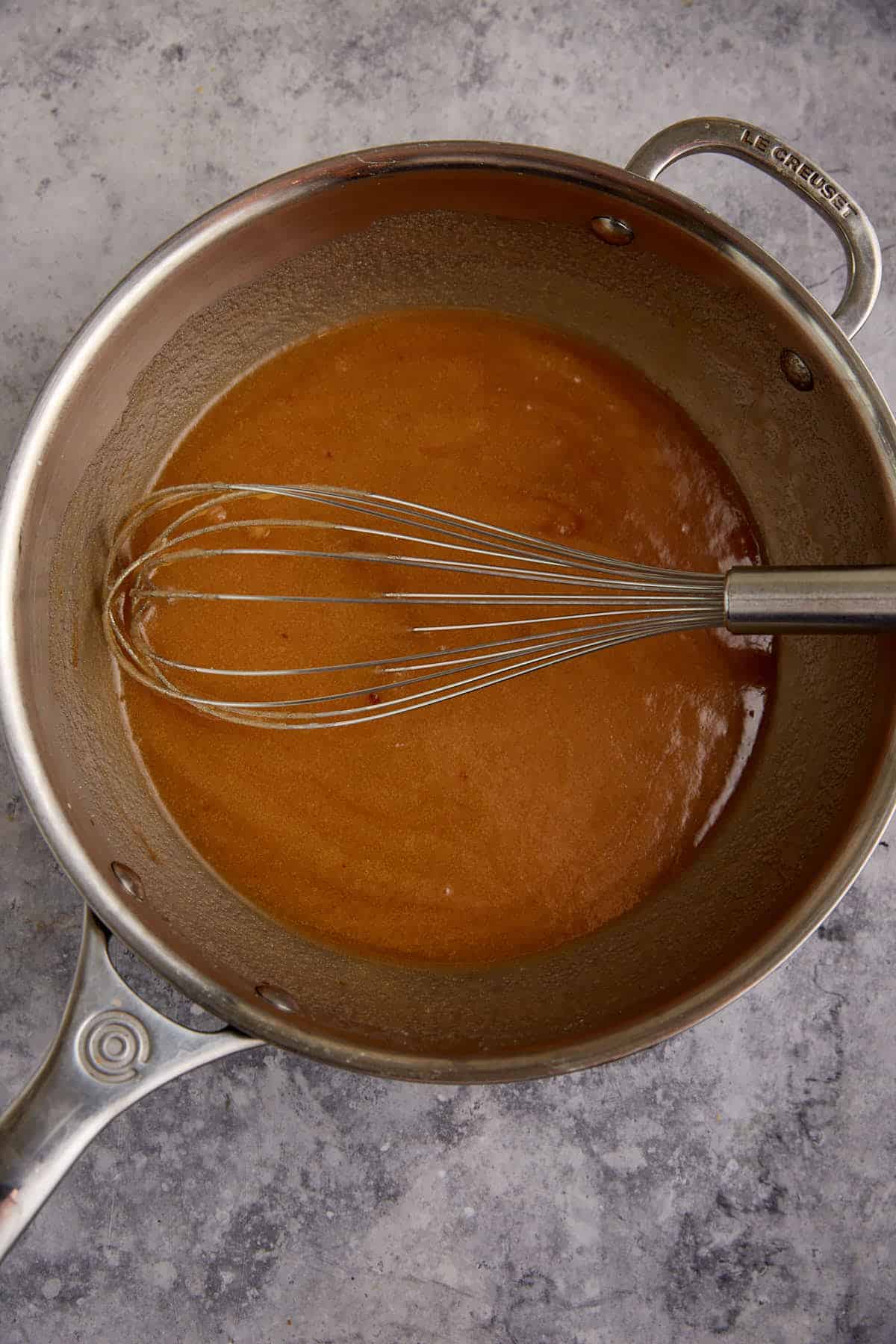Caramelized sugar in a saucepan.
