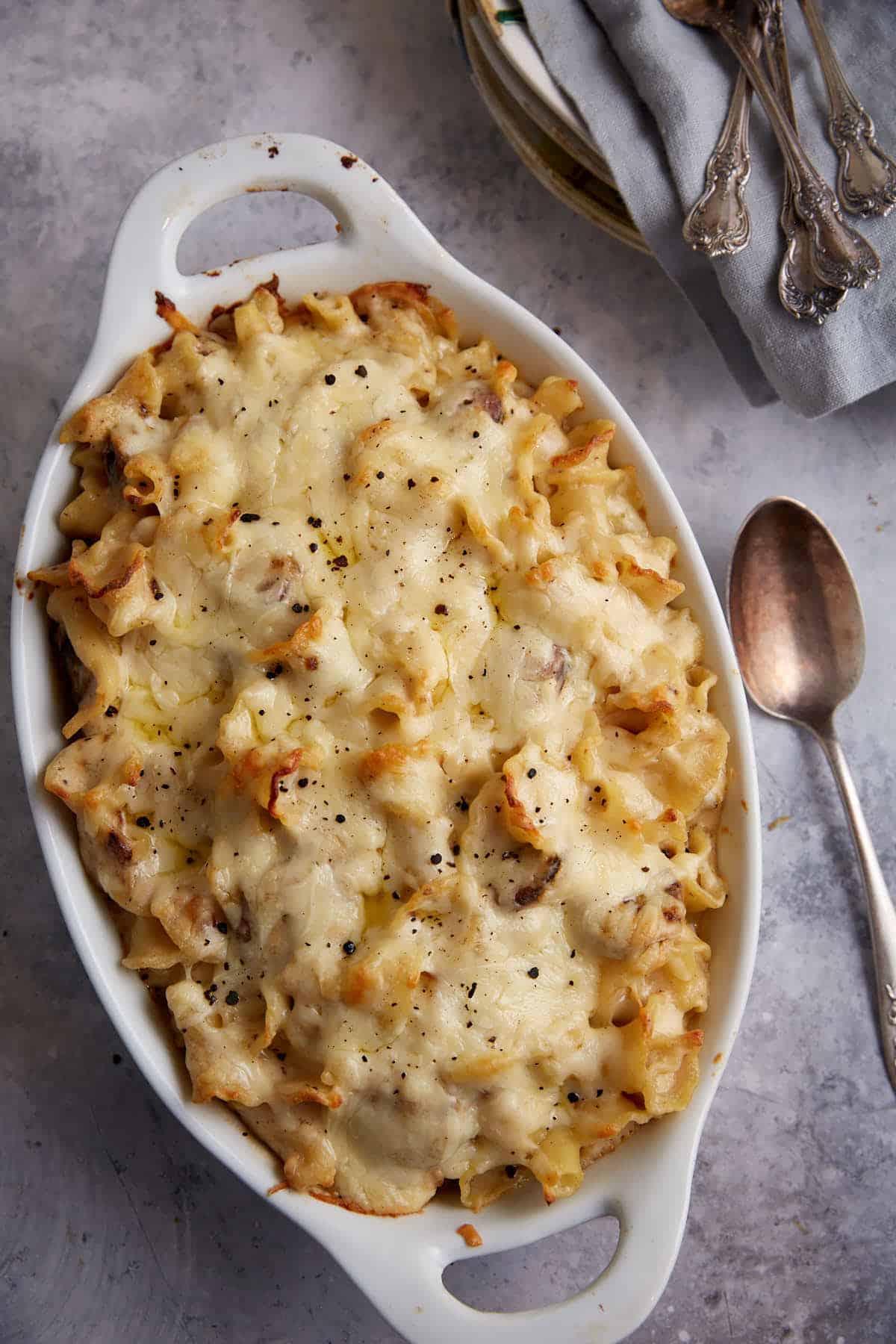 A baking dish of smoked sausage pasta.
