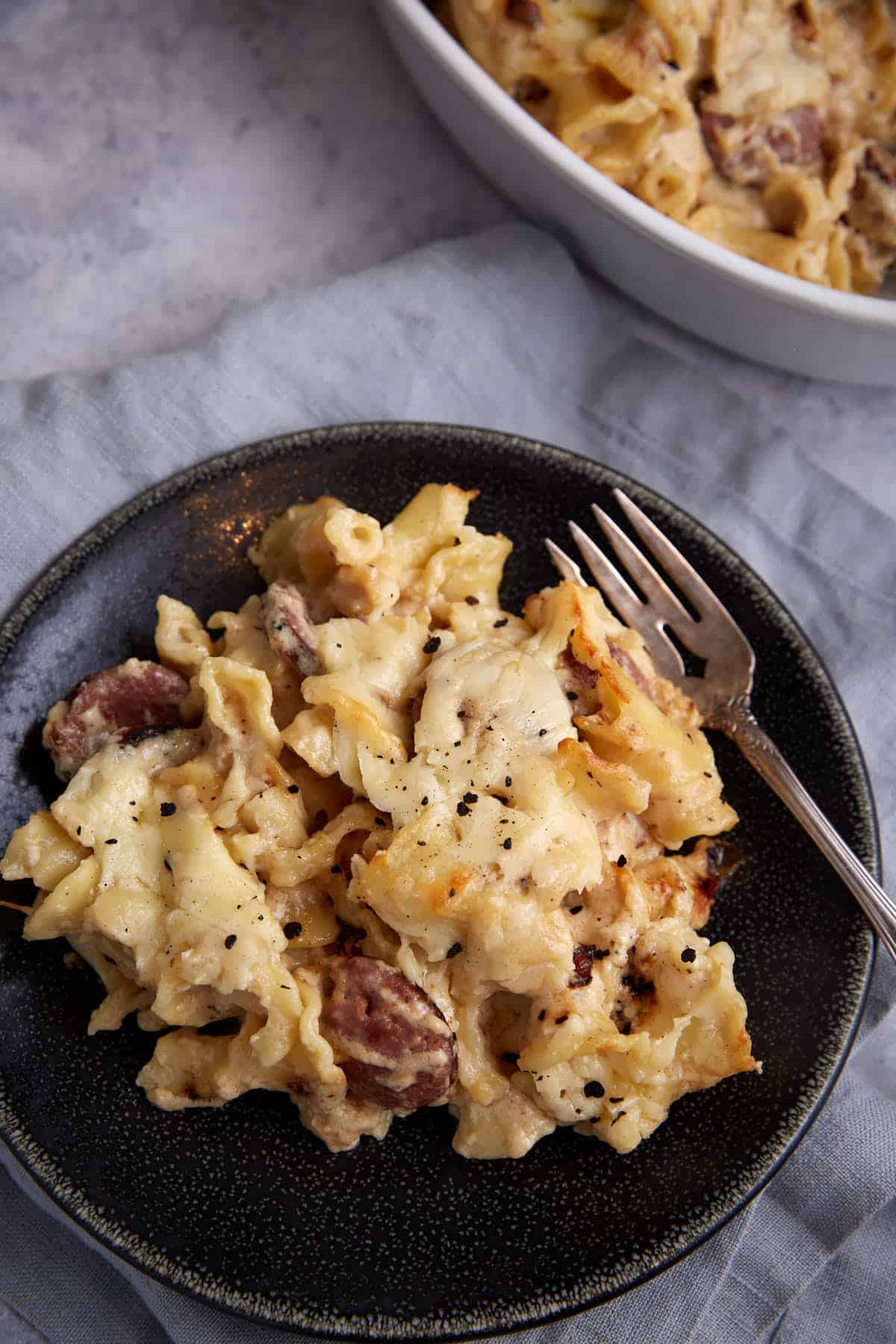 A plate of smoked sausage pasta.