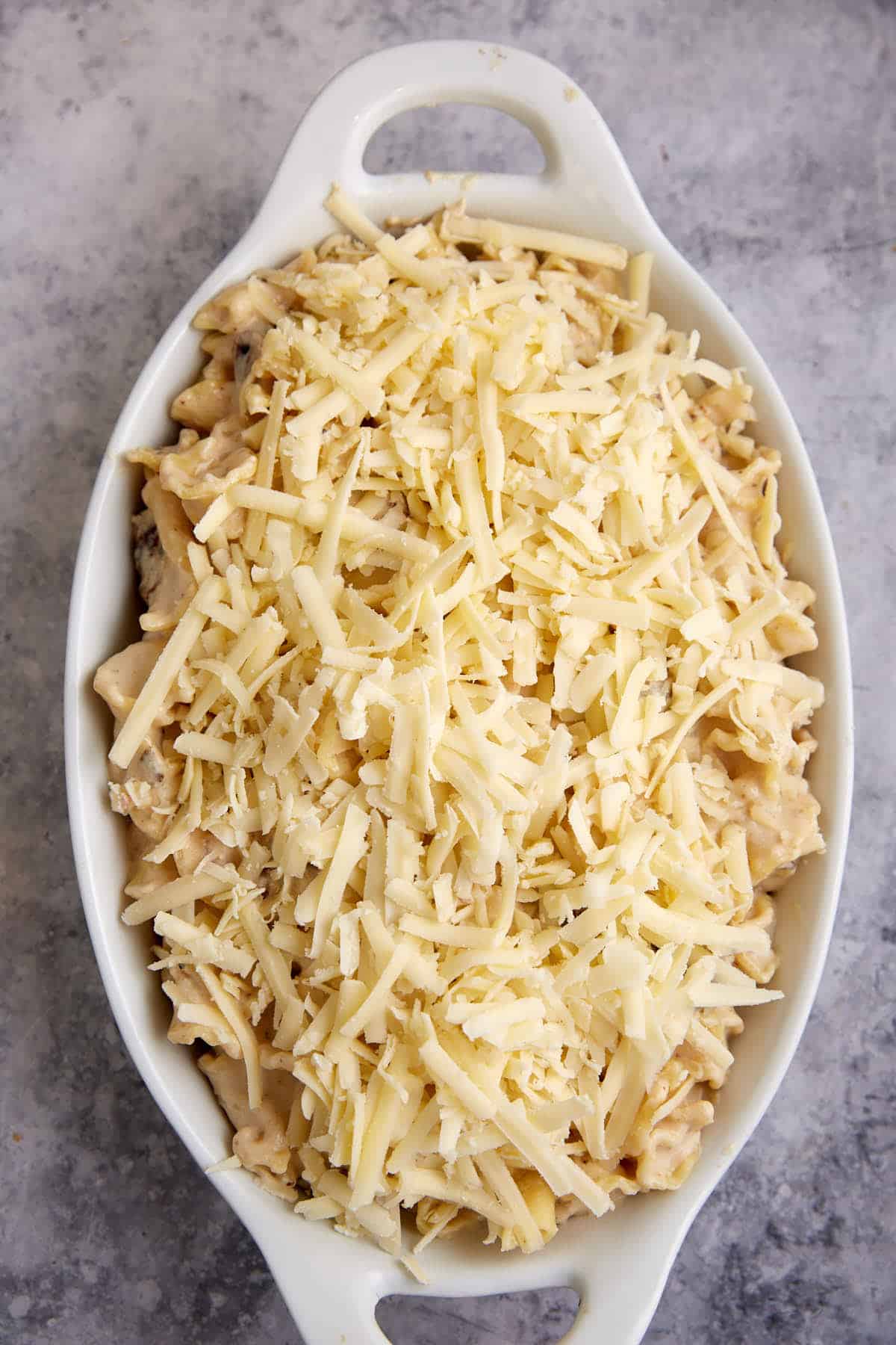 Cheese on the top of kielbasa mac and cheese.