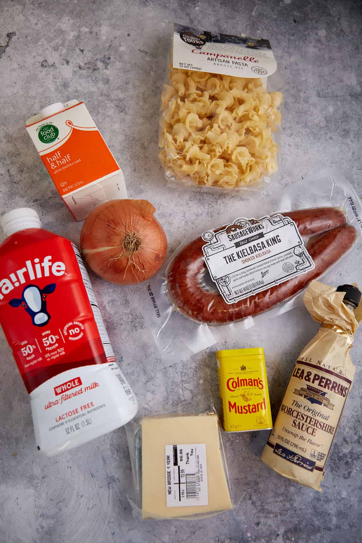 The ingredients for kielbasa mac and cheese.