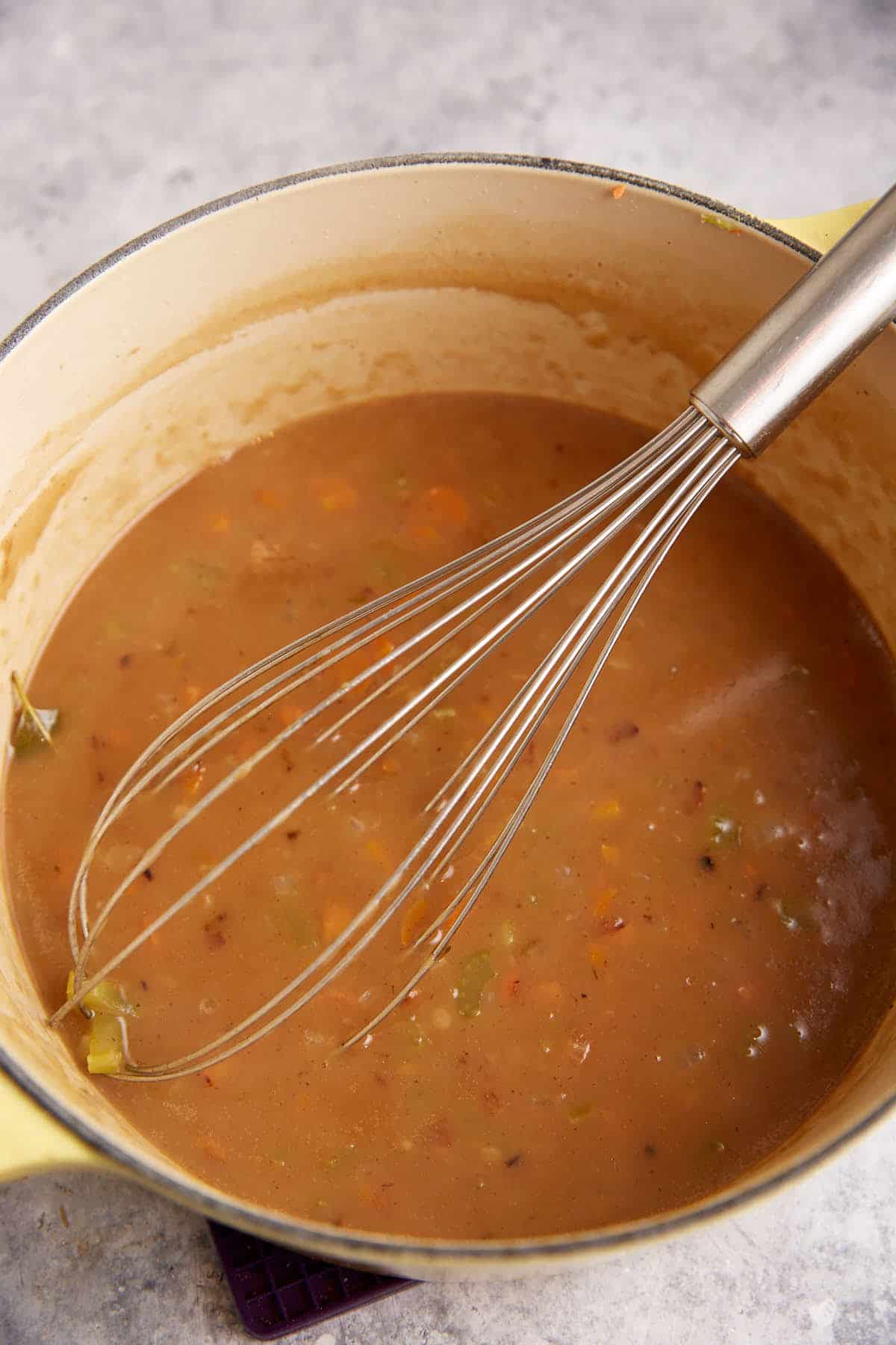 Thickened gravy in a saucepan.