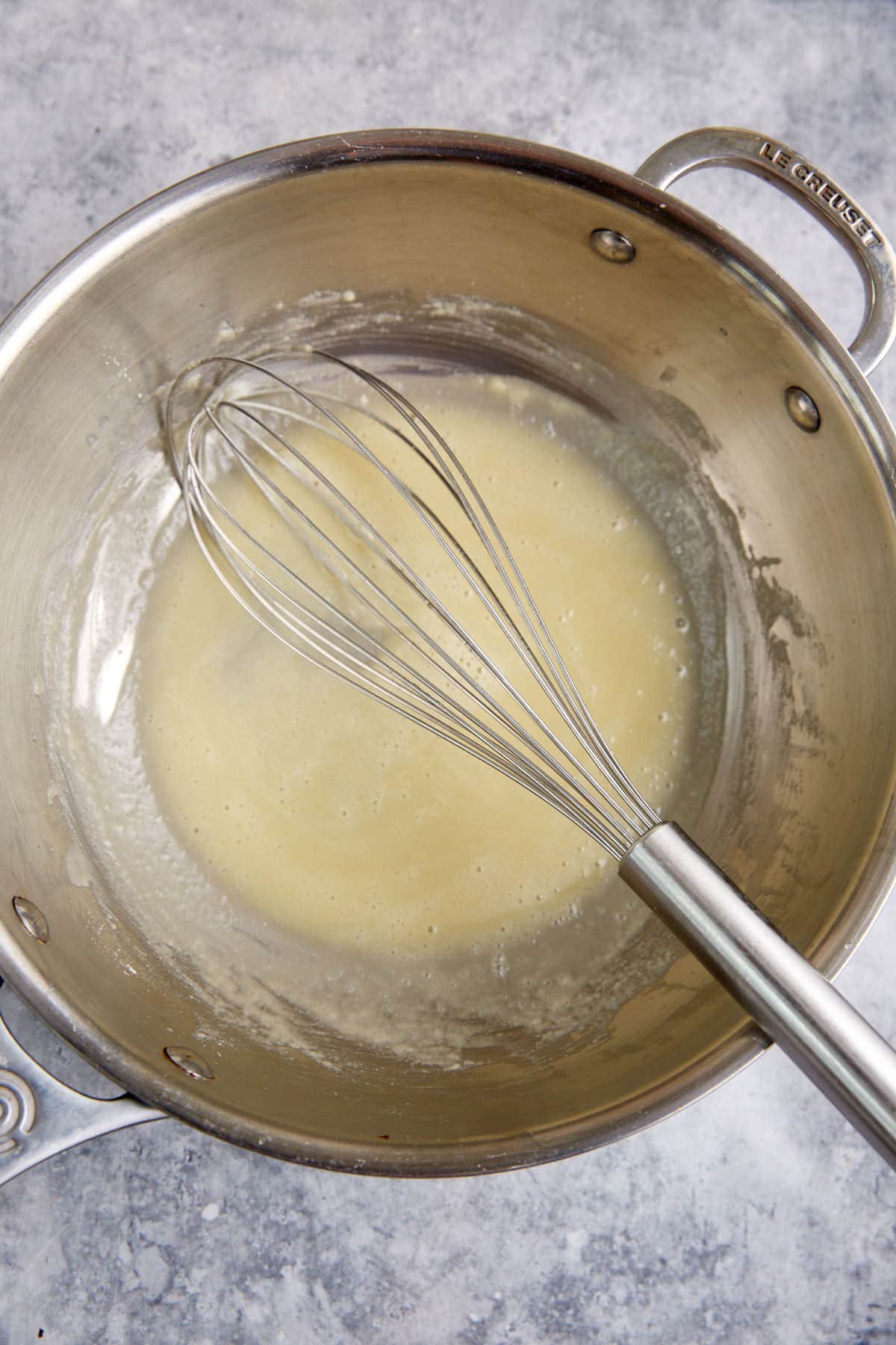Flour and butter in a saucepan with a whisk.