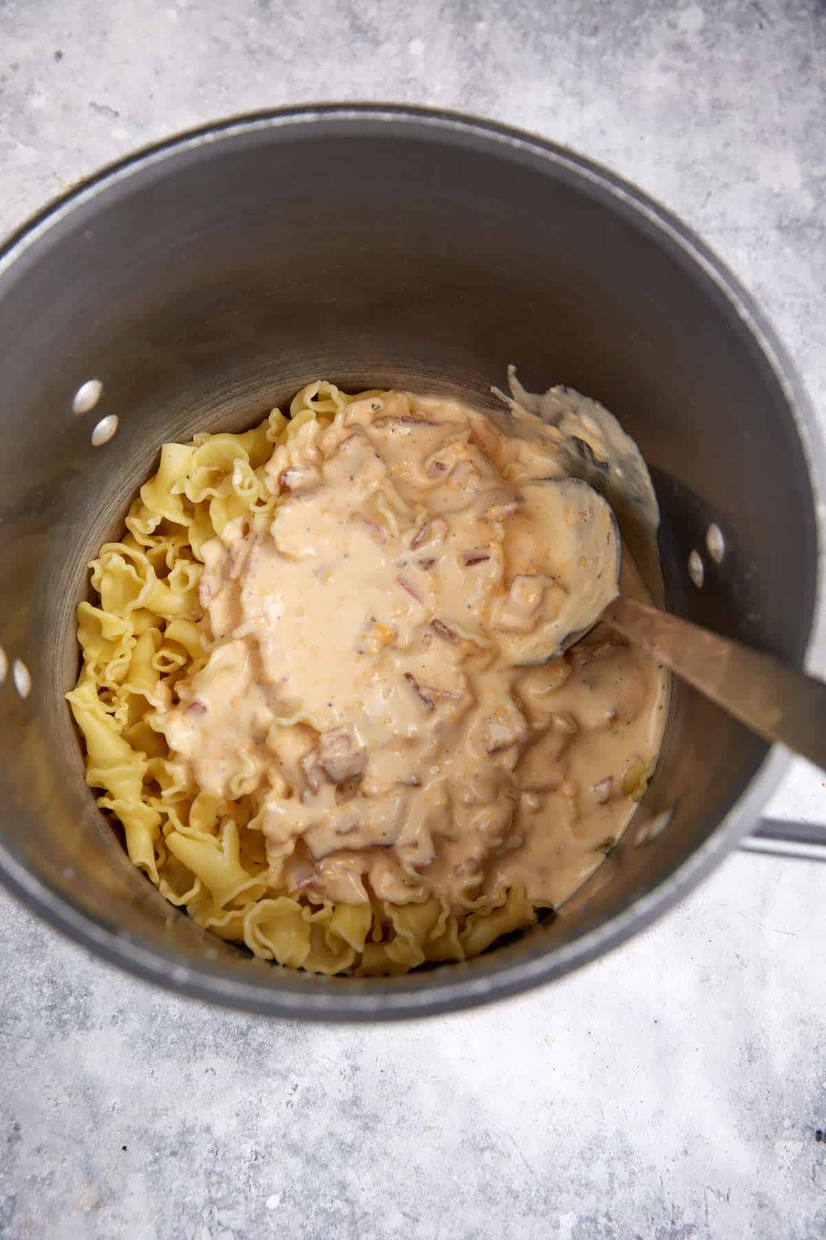 Sauce poured over pasta.