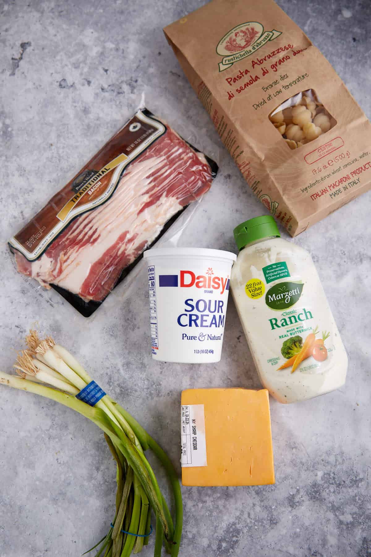 The ingredients for bacon ranch pasta salad.