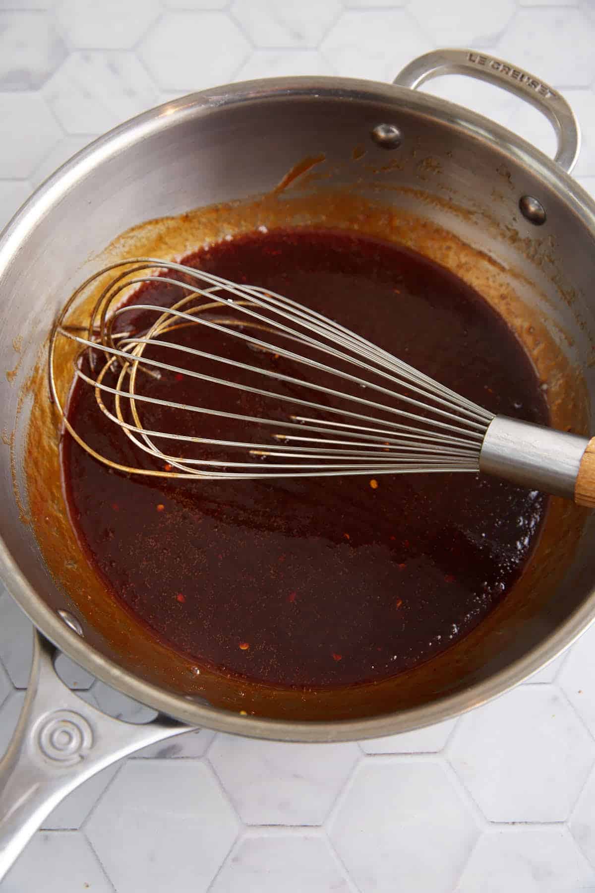 BBq sauce in a saucepan.