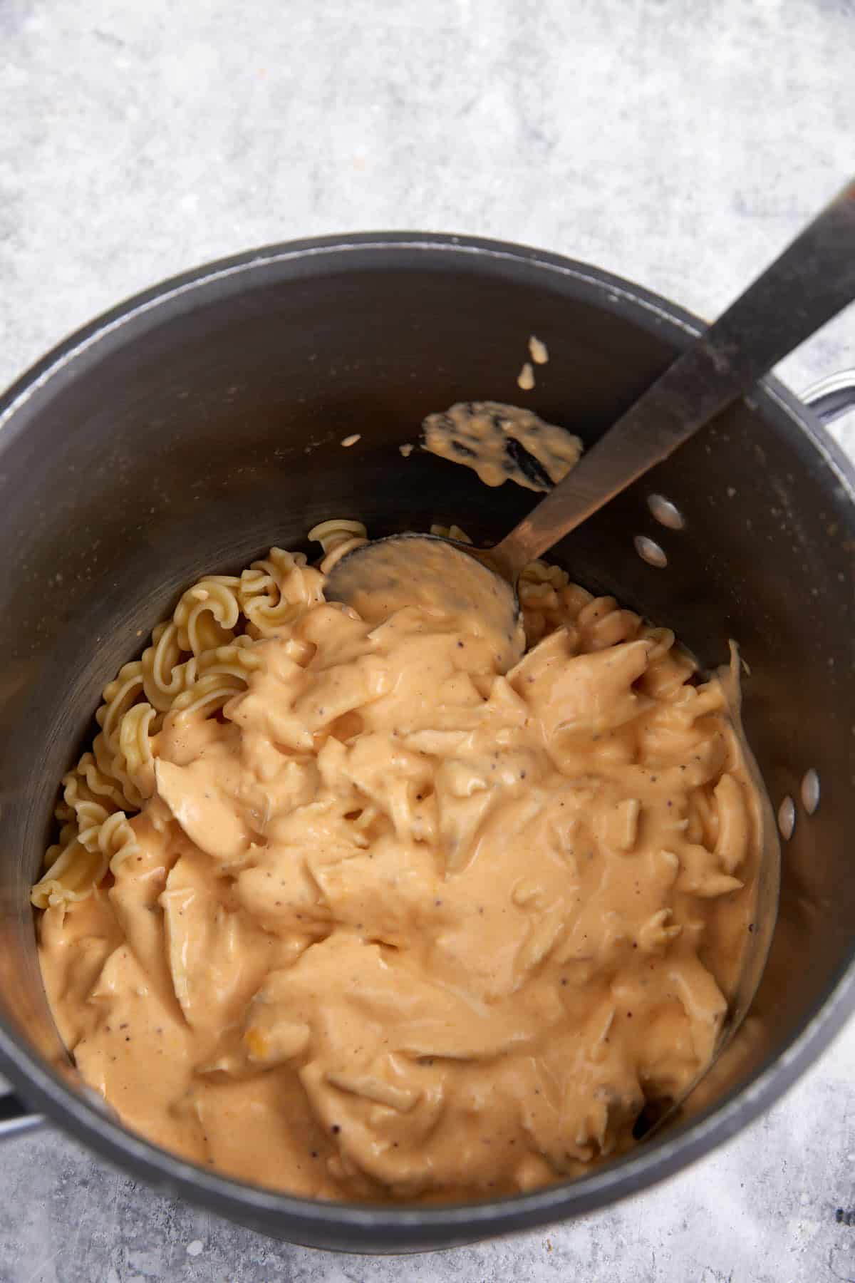 A pot with pasta and cheese sauce.