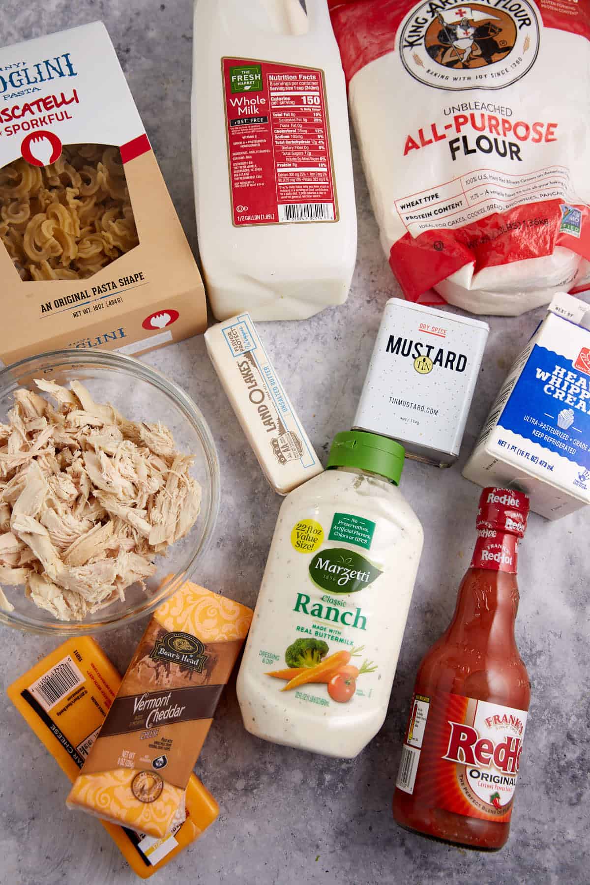 The ingredients for buffalo chicken mac and cheese.