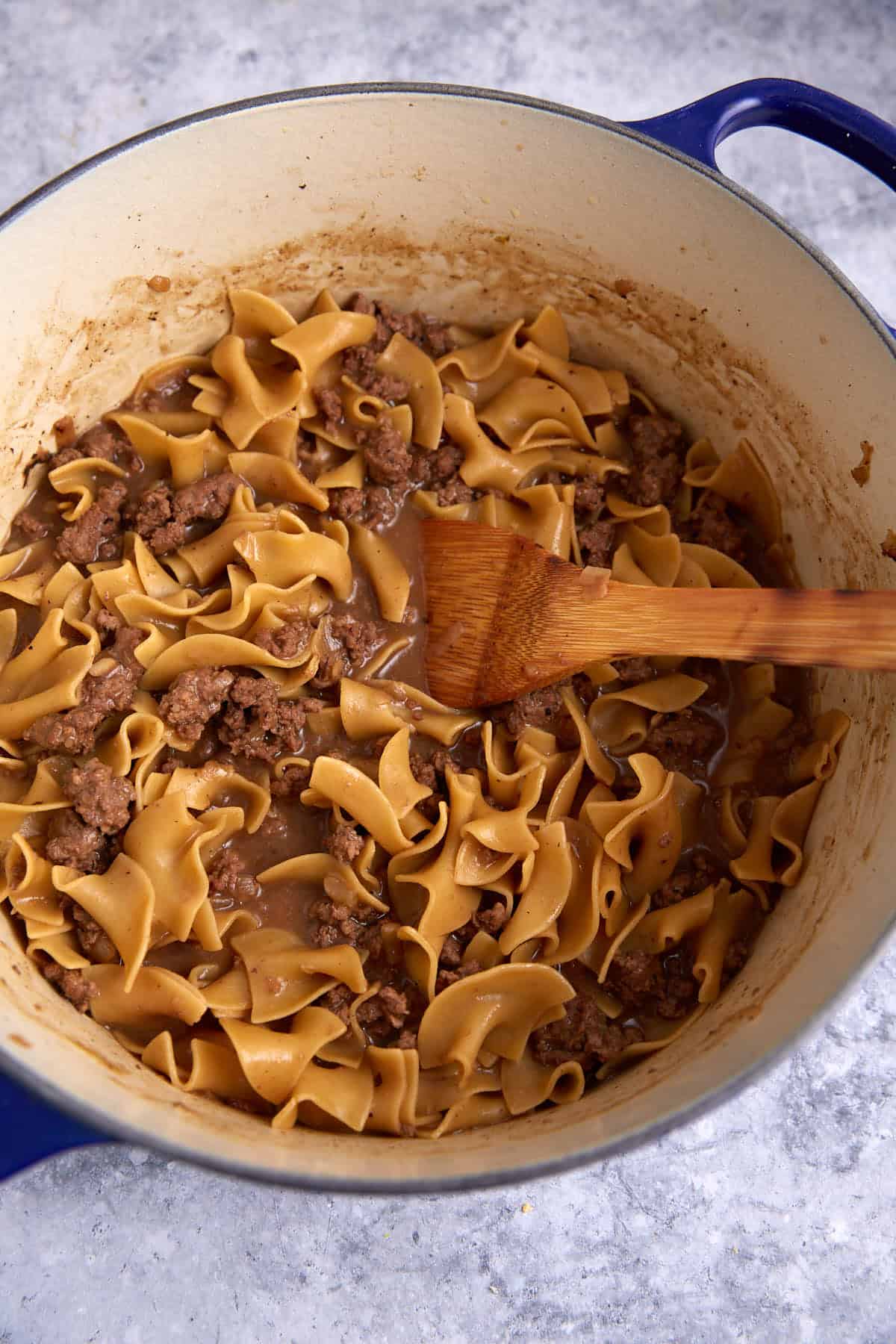 Cooked egg noodles in a sauce in a Dutch oven.