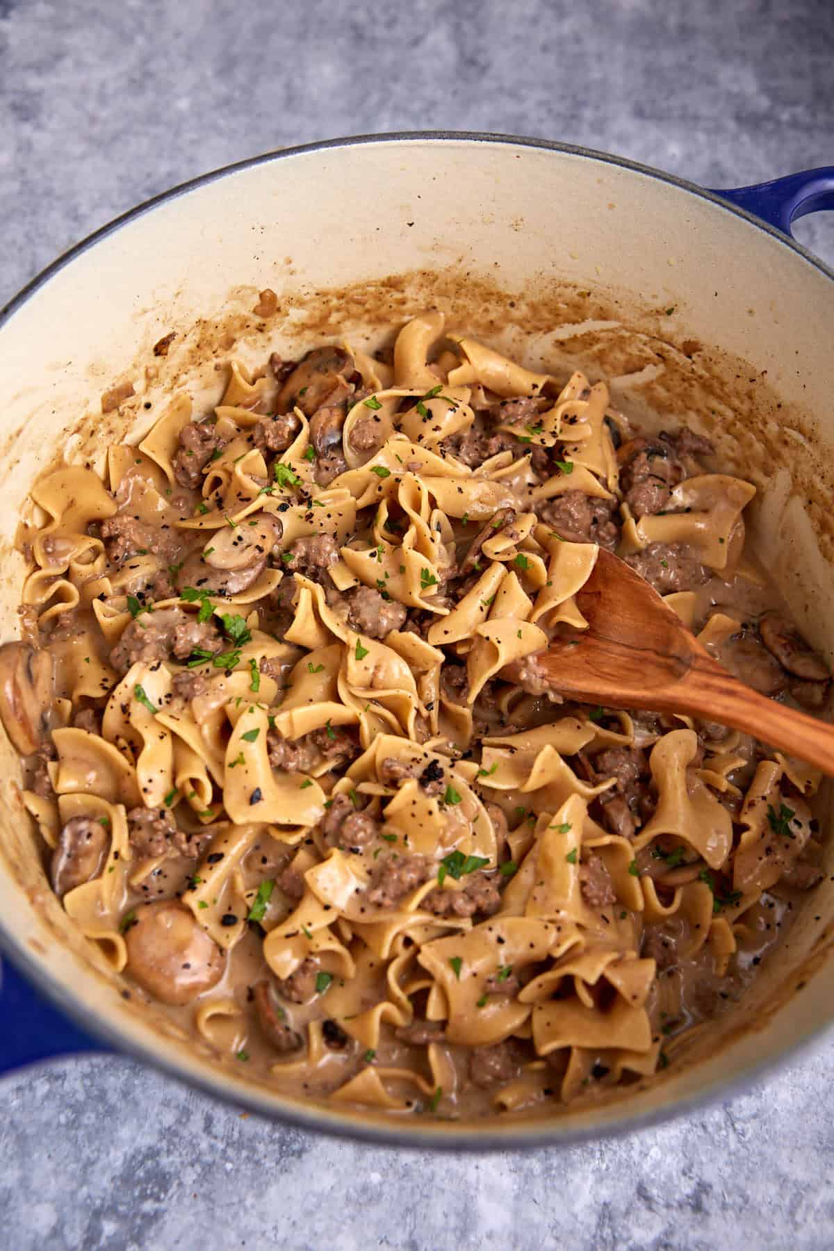 Beef stroganoff in a Dutch oven.