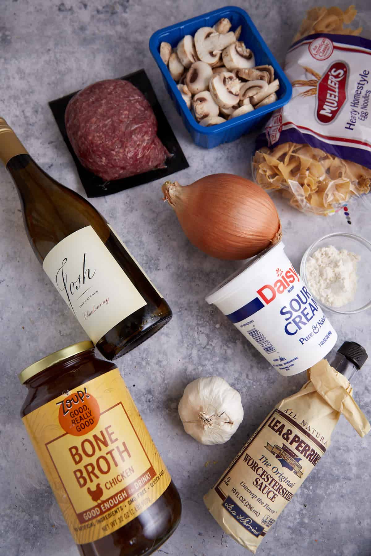 The ingredients you'll need for beef stroganoff.