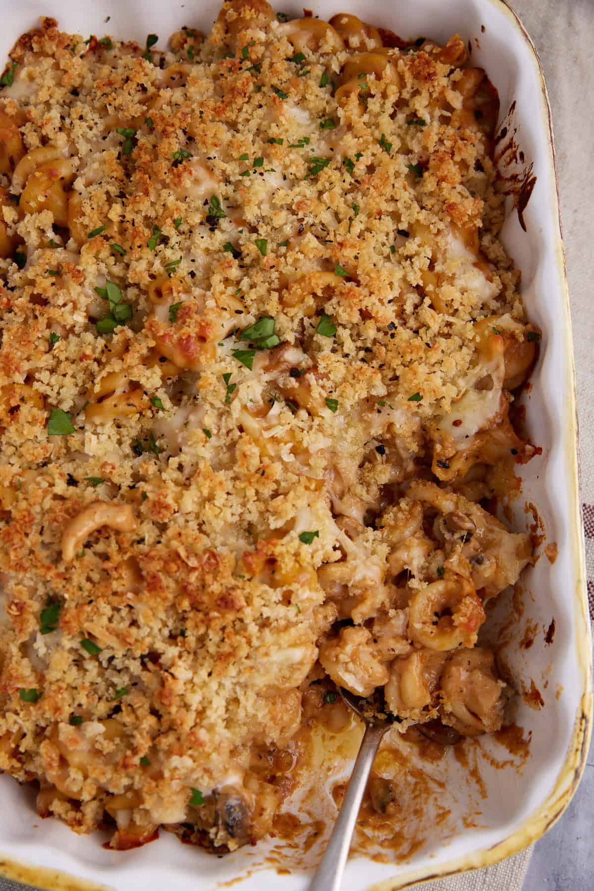 A casserole dish of butternut squash macaroni and cheese.
