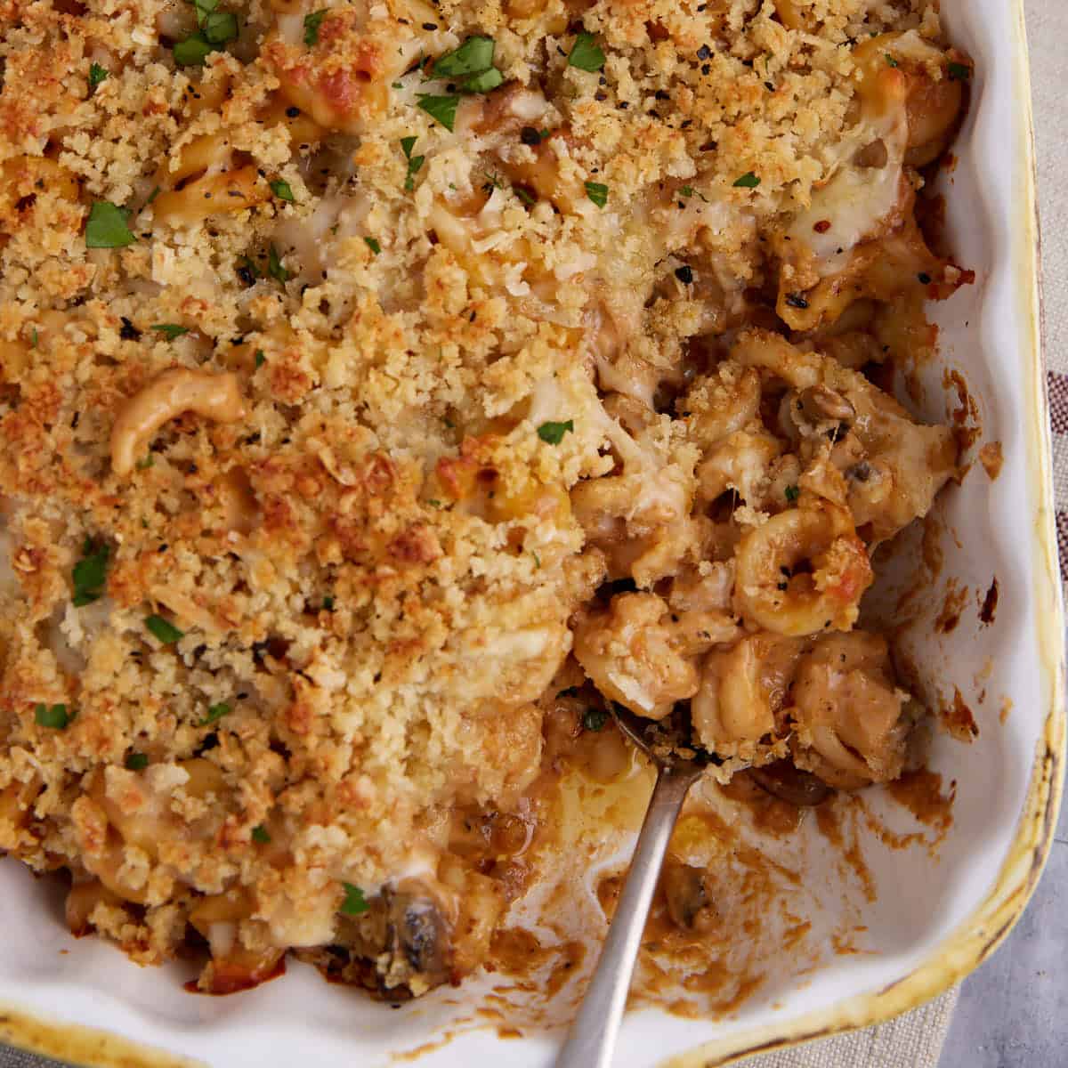 A casserole dish of butternut mac and cheese.