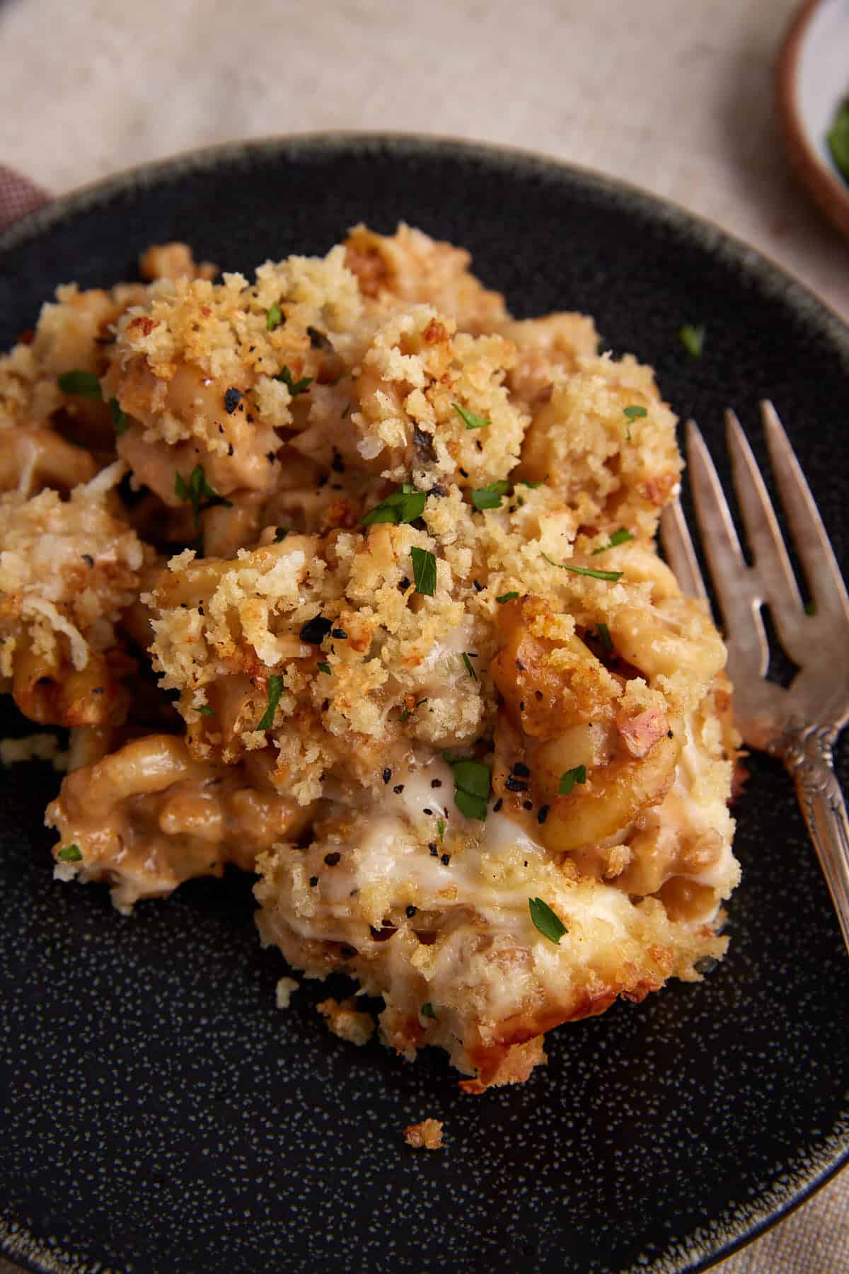 A single serving of mac and cheese with butternut squash.