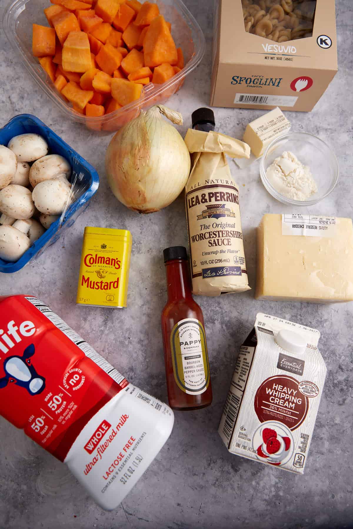 The ingredients for butternut macaroni and cheese.