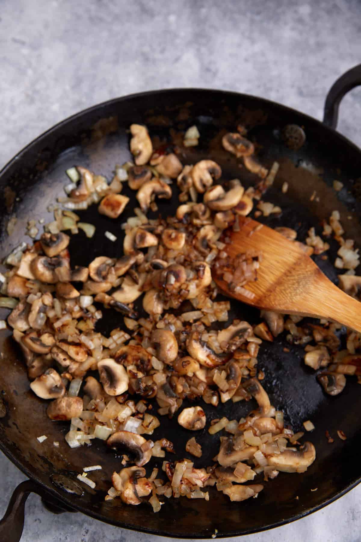 Cooked mushrooms and onions.