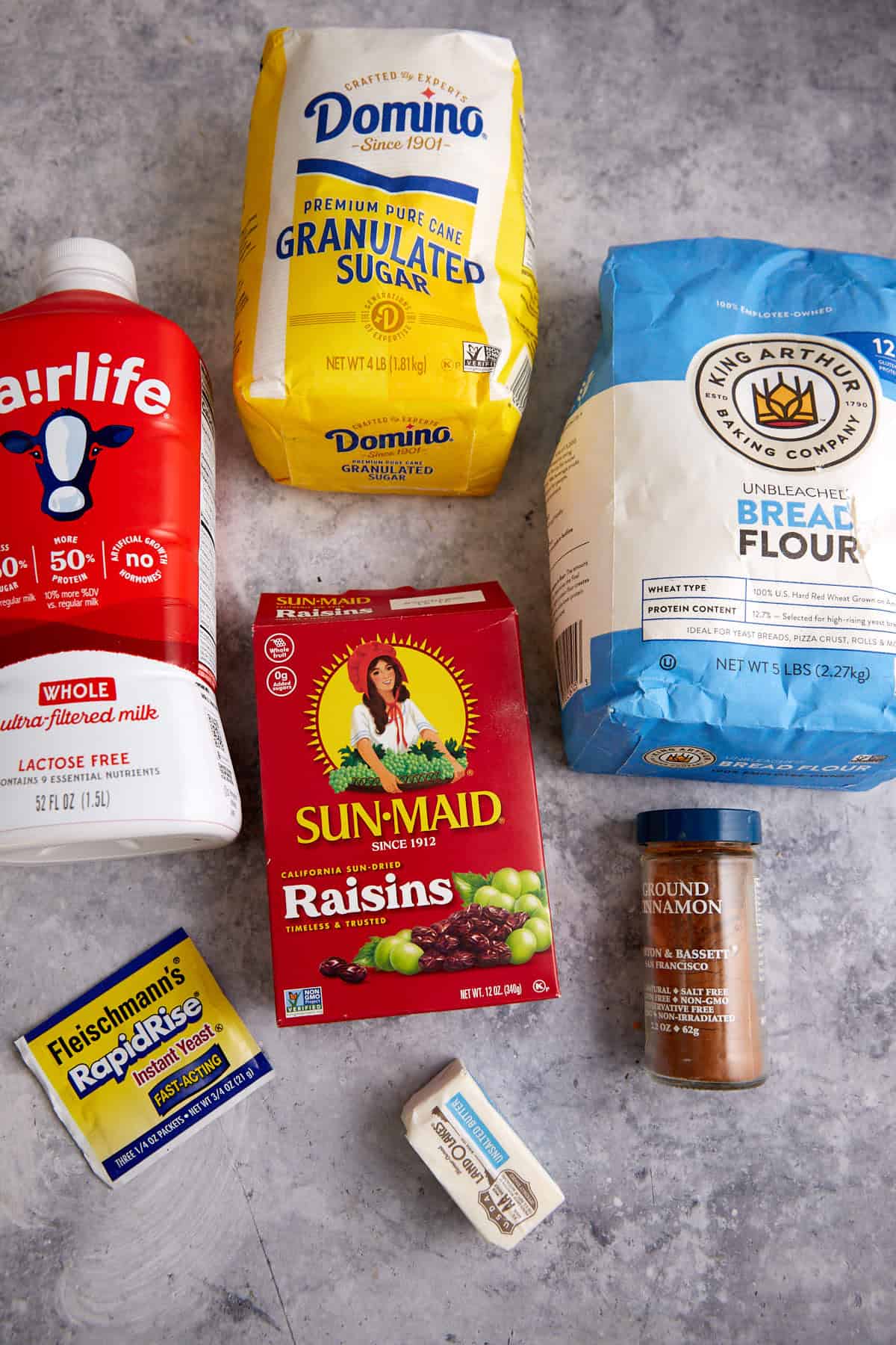 The ingredients you need for cinnamon raisin bread.