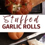 Stuffed garlic rolls with a piping bag next to them.