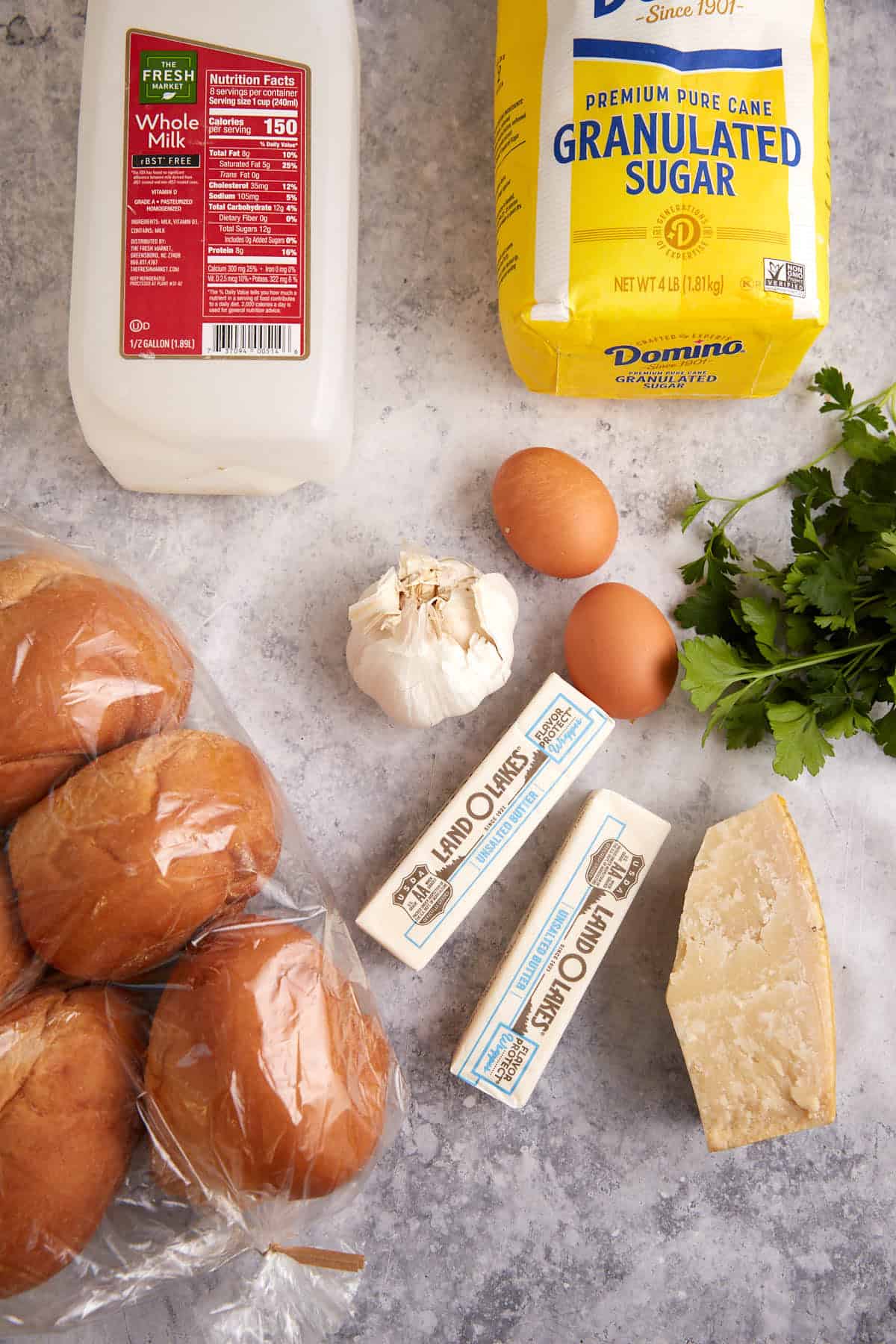 The ingredients for garlic rolls.