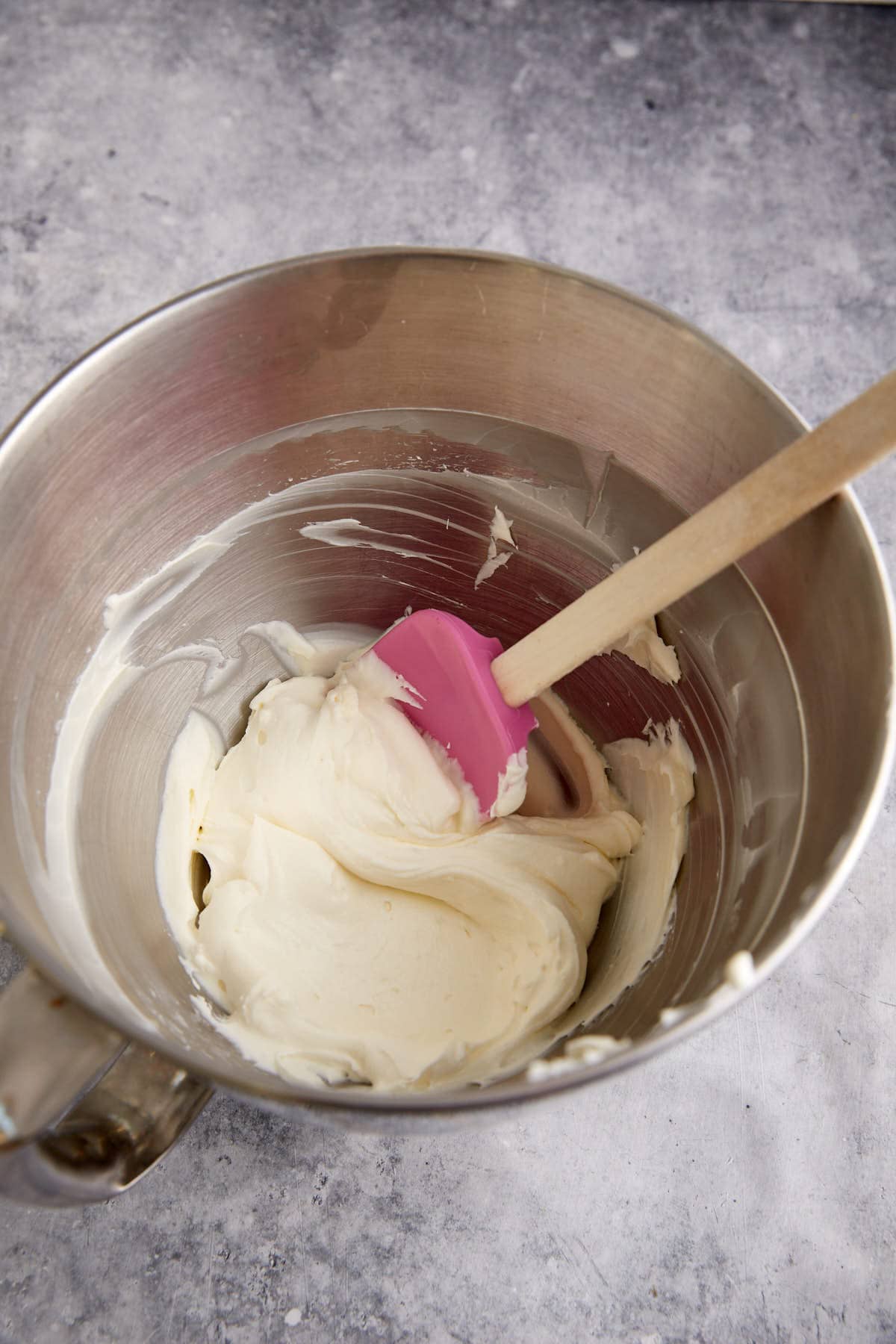 The cream cheese mixture in a mixing bowl.
