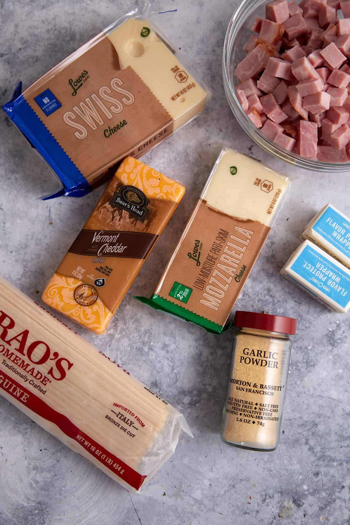 The ingredients for a ham and cheese casserole.